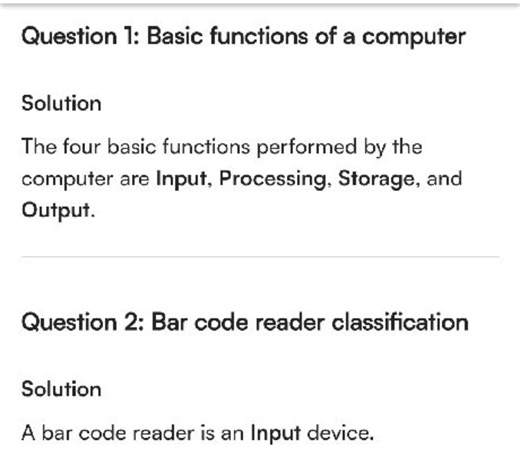Question 1: Basic functions of a computer Question 2: Bar code ... | Filo