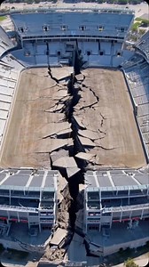 4.5K views · 47 reactions | Earthquake splits stadium nearly in two! Helicopter footage captures the apocalyptic aftermath. When is the next match at this stadium? #crash #crashed #damage #ai #news #collapse #car #stadium #wow #football #fail #earthquake #shock #helicopter #apocalypse | The.worldai | Facebook