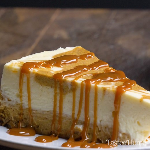 This cheesecake has a unique gingersnap crust and rich, luscious swirls of cheesecake and pumpkin. If you want something extra special for the holidays, you have to try this recipe. Get the recipe for Deluxe Pumpkin Cheesecake here: https://trib.al/nVlQUK3 | Taste of Home