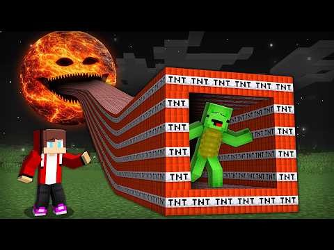 JJ found a Mikey's TNT TUNNEL to the LAVA MOON WAKES UP in Minecraft Challenge - Maizen