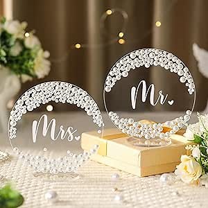 2 Pcs Mr and Mrs Sign for Wedding Sweetheart Table Decorations 6 Inch Acrylic Mr & Mrs Topper Pearl Bride Groom Wedding Centerpieces Head Table Decor for Reception Bridal Shower(Round)