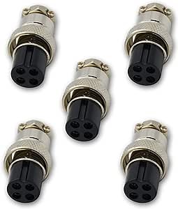 Aviation Plug Connector GX16 4 Pins Female Panel Metal Wire Connector 16mm Chassis Socket (5-Pack)