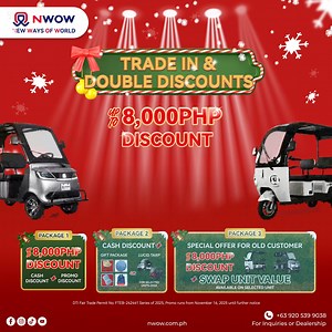 CHRISTMAS IS COMING! 🎁 NWOW Holiday Cheer is HERE! UPGRADE YOUR RIDE WITH NWOW! The Holiday Season is the perfect time to grab your dream electric vehicle (2-wheel scooter, 3-wheel e-bike, or 4-wheel vehicle)! Take advantage of our Trade-in and Double Discount Offers: Package 1: Get up to ₱8,000 Discount! Package 2: Enjoy a discount, or receive a Christmas Gift or Trapal for selected units. Package 3 (Exclusive for Old Customers): Trade in your old e-bike and get 2nd-hand value up to an amazing