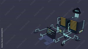 Computer technology 3D animation. Computation of big data center. Cloud computing. Online devices upload and download information