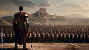 A man stands in front of a large group of soldiers. The soldiers are lined up in rows, and the man is looking at them. The scene is intense and dramatic