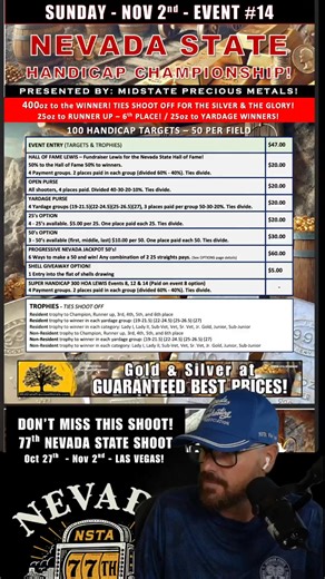 GOOD MORNING SHOOTERS! Who will win the 400oz of SILVER! Thank you MID STATE PRECIOUS METALS! Follow all the scores at SOSClays.com! | Nevada State Trapshooting Assoc.
