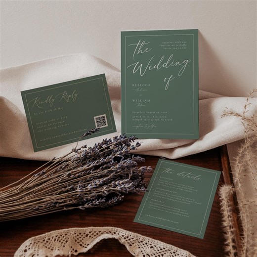 Sage Green Wedding Invitation Bundle with QR Code, Minimalist Wedding Invite Suite, (Digital Download)