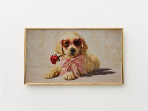 Art rustique Golden Retriever câlin, décoration pour animaux de compagnie de la Saint-Valentin, chiot avec lunettes de soleil coeur, Rose et ruban, cadre douillet art pour TV, téléchargement numérique 24 - Etsy France