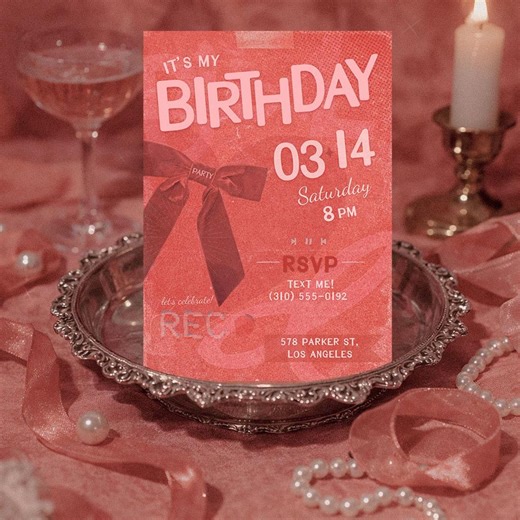 Red Ribbon Birthday Invitation Template, Editable Canva Party Invite, Printable Event Card - Etsy