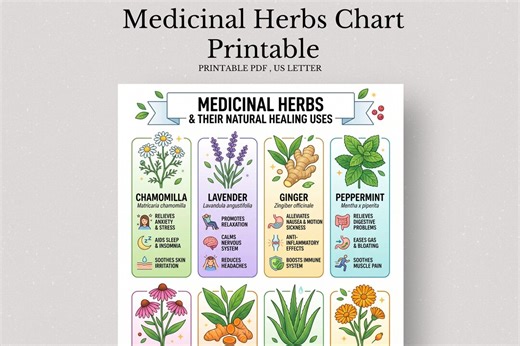Medicinal Herbs Chart Printable, Natural Healing Herbs & Benefits List, Herbal Remedies, Wellness, Holistic - Etsy