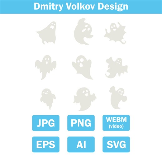 Set of cute white ghost vector icons with various facial expressions isolated on white background. jpg/png/eps/ai/svg/webm