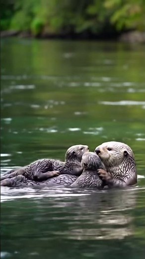 Baby Otters Sitting On Mom Floating In The River