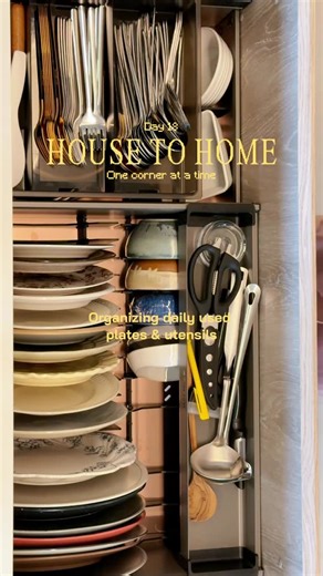 Apron and Creme on Instagram: "This setup makes daily kitchen stuff feel easier. 🤍 Our daily use plates and utensils are placed in the upper drawer of the kitchen island, right at waist height, so I don’t have to squat or bend down just to grab a plate. Less effort, less strain on the body. Everything is stored vertically, making it easy to take one plate without lifting a heavy stack. I'm using @higold.id @gantaraindonesia plates drawer organizer. It also made from high quality aluminum alloy
