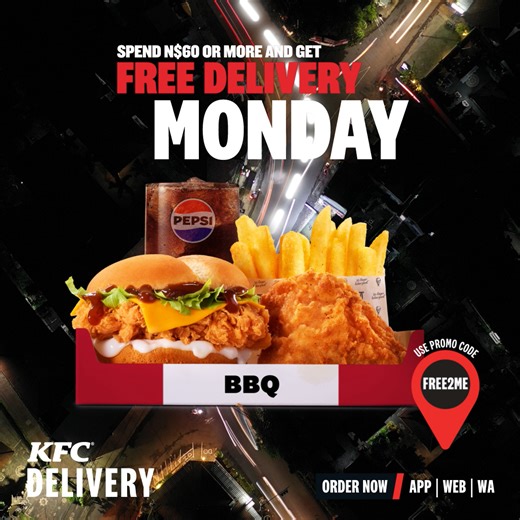 Welcome to FREE Delivery Monday! Use the Promo Code FREE2ME when you order today for over N$60, and we'll delivery it at zero delivery fee! | KFC Namibia