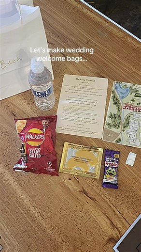 This couple had a weekend wedding so made welcome bags for all the guests 😮 A nice touch, filled with treats and info on the weekend including: • Map of venue • Itinerary for weekend • Crisps • Chocolate • Bottle of water • Paracetamols • Eye mask 🤵‍♀️I saw the bridal crew filling these up on site, took a while but easy to transport than making them all at home Just make sure you delegate with clear instructions and equipment needed - they had to cut up all the paracetamols into twos! 📌Save t