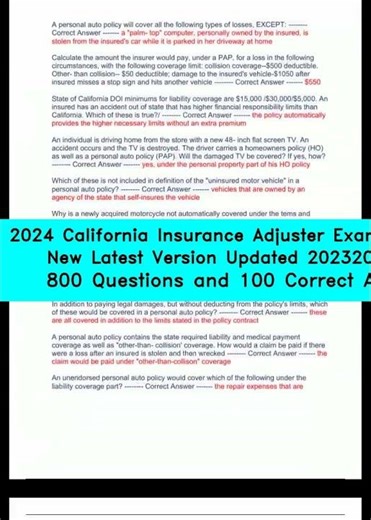 2024 California Insurance Adjuster Exam Test Bank New Latest Version Updated 20232024 with 800 Quest