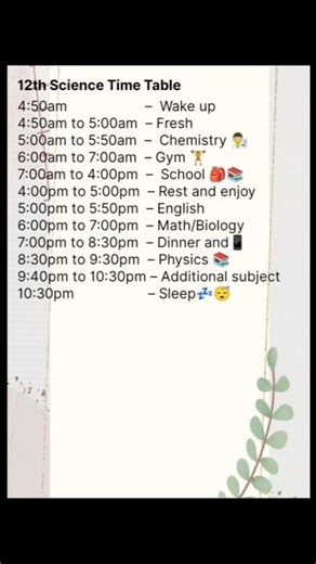12th Science Class Time Table #study#shorts