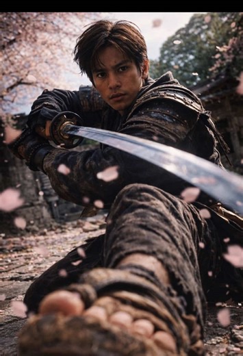 A fully natural, photorealistic cinematic shot of a female samurai warrior with the exact facial features and likeness of the reference image, captured mid-action as she was drawing her katana from its sheath at her waist. She was in the courtyard of a ruined shrine, with cracked stone ground. Her stance is aggressive yet controlled, with natural body tension visible in the shoulders and arms. Her hair is slightly messy, with soft natural flyaway strands. She wears dark, weathered traditional sa