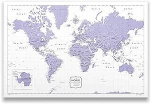 Push Pin World Map Board - with Push Pins to Mark World Travel - Handmade in Ohio, USA - Design: Purple Color Splash