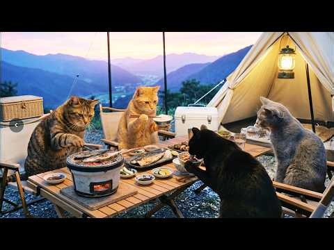 🏕️ Mountain Sunset Camp Meal | Boss Cat and Friends, a Charcoal-Grilled Dinner.