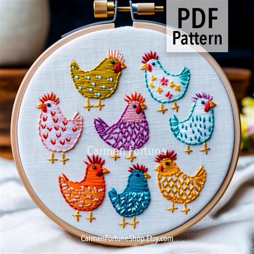 Colorful Chickens Hand Embroidery Pattern PDF, Farm Chicken Embroidery Design, DIY Hoop Art for Beginners, Instant Download - Etsy