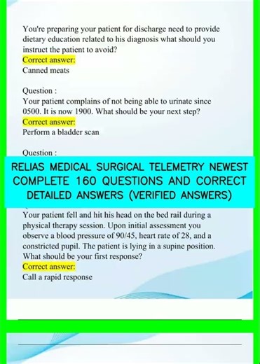 RELIAS MEDICAL SURGICAL TELEMETRY NEWEST COMPLETE 160 QUESTIONS AND CORRECT DETAILED ANSWERS VERIFIE