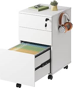 DEVAISE 3 Drawer Rolling File Cabinet with Lock, Wood Under Desk Filing Cabinet fits Letter/Legal/A4 Size for Home Office, White