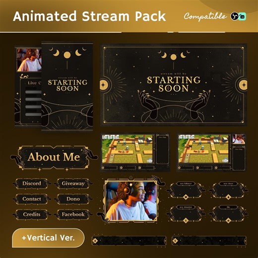 Lunar Serenity Stream Overlay: Celestial Black Gold for Tiktok, Streamlabs/obs - Etsy