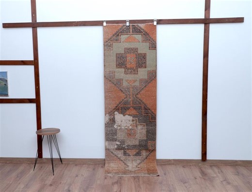 2x7 ft Turkish Wool Vintage Short Runner Rug ,Orange Green Runner