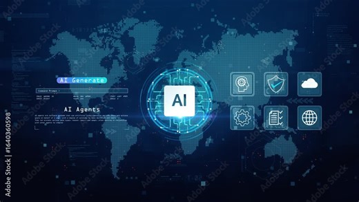 AI agents and AI generate technology with global digital map, automation, cloud computing, machine learning, and cybersecurity icons. Technology artificial intelligence concept