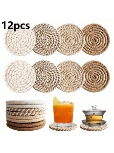 1/4/8/12pcs Woven Drink Coasters, Round Absorbent Beverage Cup Mats, Handmade Fabric Coasters, Absorbent Coaster Set With Tray, Bohemian Style | SHEIN
