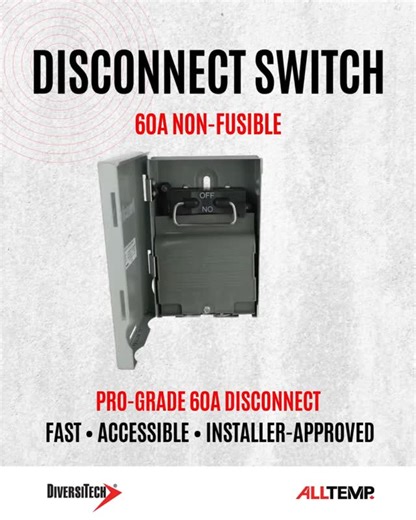 Alltemp; a DiversiTech Company on Instagram: "DiversiTech® DDS-60U Non-Fusible Disconnect Switch – 60 Amps Designed for convenience and safety: ✔️ Fuses integrated into a pull-out handle for easy replacement ✔️ Line, load, and ground terminals aligned for simple wiring ✔️ Reversible door with side access that opens over 180° for maximum reach ✔️ Full dead front for added protection Perfect for HVAC/R applications where reliability and accessibility matter. #DiversiTech #HVACR #DisconnectSwitch #