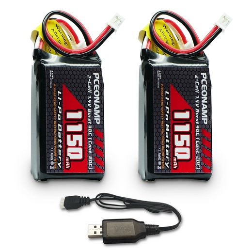 PCEONAMP 2S Lipo Battery 7.4V 1150mAh for SCX24 Battery with PH2.0 Plug 40C(Burst) Discharge C-Rate Fit for SCX24 and 1/24 Scale RC Cars Trucks with 1 USB Charger （2 packs）