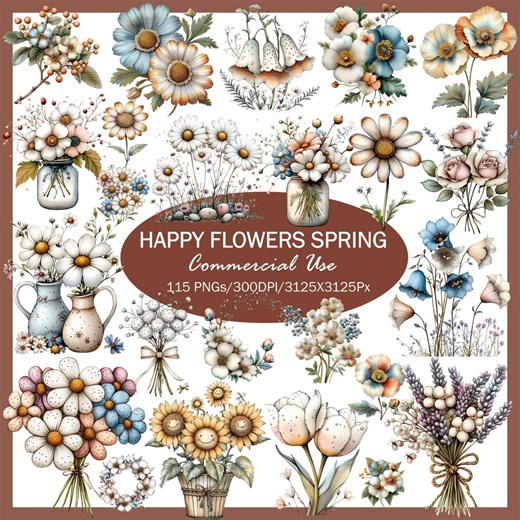 Whimsical Spring Flower Clipart Bundle, Watercolor Floral PNG (commercial Use) - Etsy