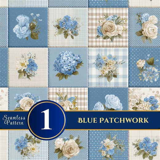 Vintage Blue Floral Patchwork Seamless Pattern, Cottage Quilt Digital Paper (Digital Download)