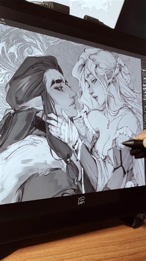 Mahsa on Instagram: "✨New sketch✨ This piece was commissioned by the lovely @mirenalys 🌹 I love drawing couples and I like to capture the look of love on their faces but something that always makes the process a little difficult is when they're very close to each other like this! After I finished the sketch I was literally wondering which part was what because I couldn't tell their clothes apart 😆 This is exactly why I always color sketches like this in grayscale since it makes rendering the a