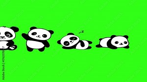 Cute cartoon panda characters animation set. Pandas waving, reading, and sleeping. Green screen background for kids' videos or kawaii projects