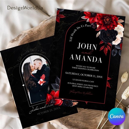 Gothic Red Black Wedding Invite, Till Death Wedding Invitation Template, Editable Goth Wedding Card, Dark Romance, Black Burgundy Wedding - Etsy