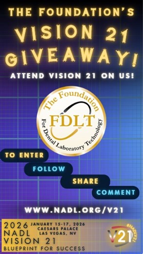 🎉 OUR FIRST GIVEAWAY! 🎉 The Foundation for Dental Laboratory Technology is thrilled to announce our very first giveaway! 🙌✨ We’re giving away one complimentary registration to the 2026 NADL Vision 21 Meeting in Las Vegas, NV! 🎰🌟 📅 Event Dates: January 15–17, 2026 📍 Location: Caesars Palace Hotel & Casino in Las Vegas, NV Eligibility: You must be employed by a dental laboratory and available to attend the full meeting. 🦷✨ How to Enter: 1️⃣ Follow our page 👍 2️⃣ Share this post 🔁 3️⃣ Com