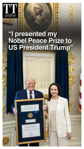 Venezuelan opposition leader María Corina Machado has presented her 2025 Nobel Peace Prize medal to US President Donald Trump during a White House meeting. | The Telegraph