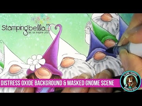 Stamping Bella Masked Gnome Scene Card with Distress Oxide Background