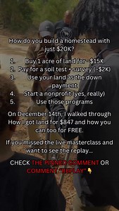 Most people think building a homestead takes six figures. But with the right strategy, $20K is enough to get started. Here’s the framework: - Buy 1 acre for around $15K - Spend ~$2K on a soil test survey - Use the land as your down payment - Start a nonprofit (yes, really) - Use those programs to access resources most people don’t know about On December 14th, I broke all of this down — including how I got land for $847 — for free in a live masterclass. If you missed it and want the replay… 👉 Ch