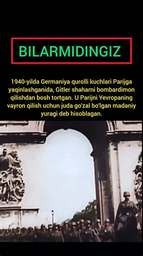 National24 | Ilmiy-ommabop sahifa on Instagram: "🧠 Gitler Parijni chindan ham yaxshi ko‘rganmi? Ijtimoiy tarmoqlarda tez-tez 1940-yil 23-iyunda Adolf Gitlerning Parijga tashrifi aks etgan surat ostida shunday yozuv uchraydi: “U Parijni go‘zalligi uchun ayagan.” Bu gap chiroyli eshitiladi, ammo to‘liq haqiqat emas. 📂 Arxiv hujjatlari va faktlar nima deydi? Nega 1940-yilda Parij bombardimon qilinmadi? Buning sababi Gitlerning “muhabbati” emas edi. 1940-yil 10-iyunda Parij “Ochiq shahar” (Open Ci