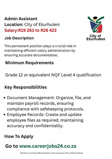 Admin Assistant: Filing – Finance Department (Permanent Position) Location: City of Ekurhuleni Kindly Find The Link in The Comments Section To Apply | Job-Opportunities-Available