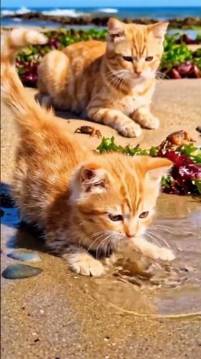 Orange Mother Cat & Kitten's First Beach Day Playing with Fish in Ocean! 🐱🌊 #cat #orangecat