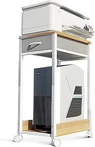 KKL Printer Stand with Storage, Computer Tower Stand with Drawer, Mobile PC Tower Stand Under Desk, CPU Stand Wood Desktop Stand for Home Office, Oak & Light Grey