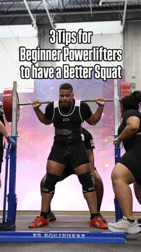 3 squat tips every beginner powerlifter needs to hear 👇 1️⃣ Keep your weight balanced over midfoot. If your heels or toes are lifting, your balance is off and that kills your power out of the hole. A visualizing of the "tripod foot" helps me. Evenly distribute your weight between your big toe, pinky toe, and heel to help you start balanced. 2️⃣ Pull the bar into your traps on the way down and up. Think “elbows to lats” or "lengthen the distributed between your ears and shoulders." This keeps yo