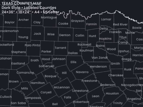 Texas Counties Map Printable Wall Art | Light & Dark Styles | 24x36 18x24 A4 US Letter - Etsy