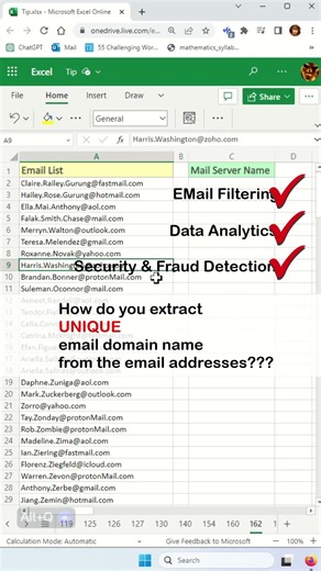 Get unique mail server domain name with this simple Excel formula - Excel Tips and Tricks #shorts