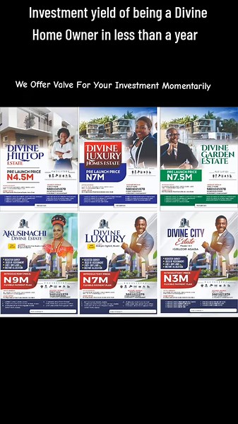 At Divine Home Estate & Property Management Limited, we sell valve and at an affordable rate, you can choose the investment option you want from Land Banking to Buy, Building and Pack In, Investing in our commercial allocated area, etc. We are Tried and Trusted, so what are you waiting for. Grab the opportunity of being a Divine Home Owner today. #divinehomeestate #realestate #investmentbanking #investmentproperty #offers #landbankinginvestment #roi #yield